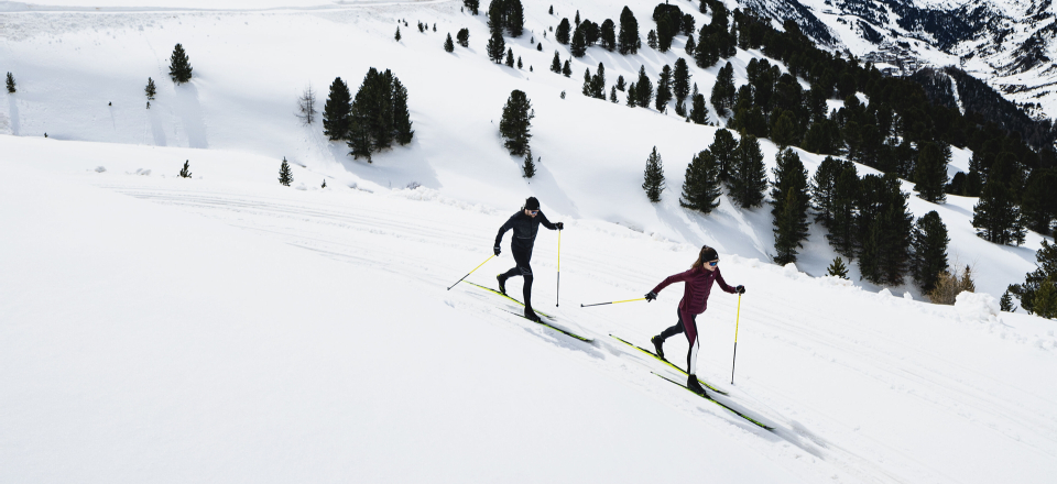Zwei Personen laufen auf Skiern durch eine verschneite Berglandschaft mit Kiefern.