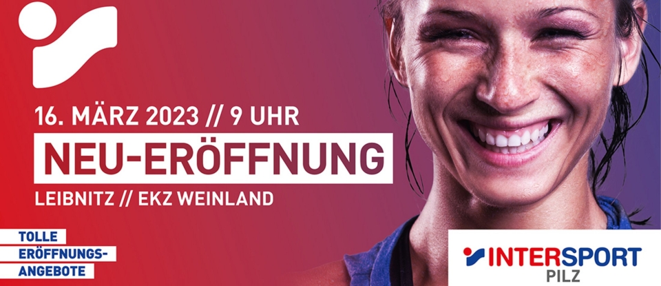 Intersport Pilz grand opening on March 16, 2023, in Leibnitz, with a smiling athlete and special offers.