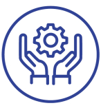 Blaues Symbol: Hände, die ein Zahnrad halten, was technischen Support, Wartung oder technische Lösungen darstellt.