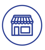 Blaues Strichzeichnungen-Symbol eines Ladenfront-Gebäudes innerhalb eines blauen Kreises für lokale Unternehmen.