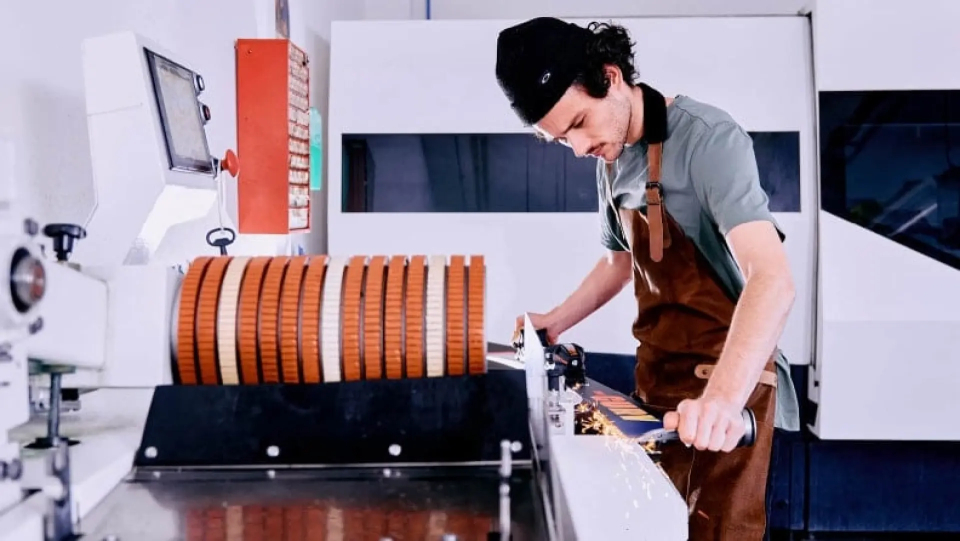 Mann in Werkstatt benutzt Skiserviceautomat für Skiwartung und -reparatur.