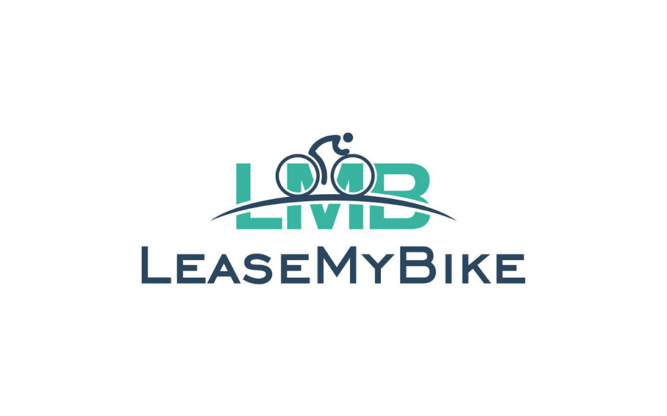 LeaseMyBike Logo: stilisierter Text mit einem Fahrradfahrer-Symbol, das Fahrradverleih- und Leasingdienste darstellt.