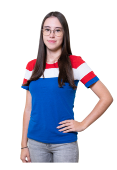 Portrait of a young woman with glasses wearing a red white and blue t-shirt.
