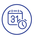 Blaues Kalendersymbol mit der Zahl 31 und einer Uhr, das die Terminplanung darstellt.