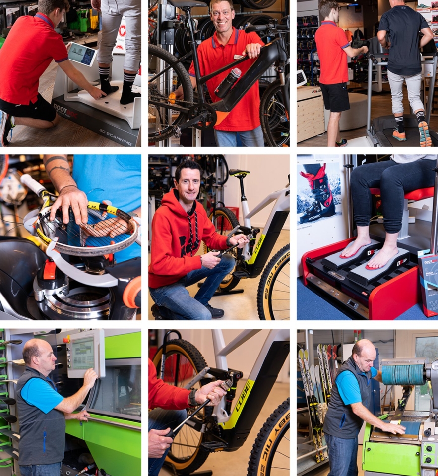 Collage von Bike-Fitting-Services: Experten passen Fahrräder, Skier und Schuhe für optimale Leistung an.