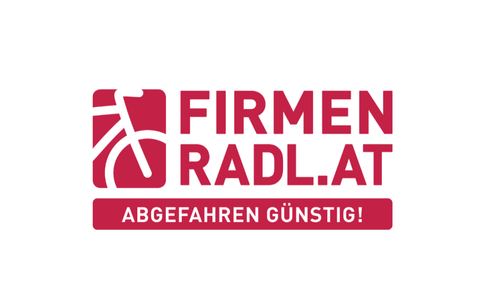 Firmenradl.at Logo: Rotes Fahrrad-Symbol mit dem Text "Firmen Radl.at" und dem Slogan "Abgefahren Günstig!" für Fahrradleasing.