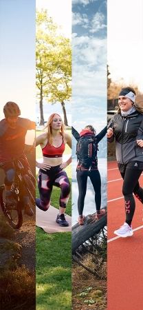 Collage für einen aktiven Lebensstil: Menschen fahren Rad, machen Ausfallschritte, wandern und laufen im Freien für Fitness und Bewegung.