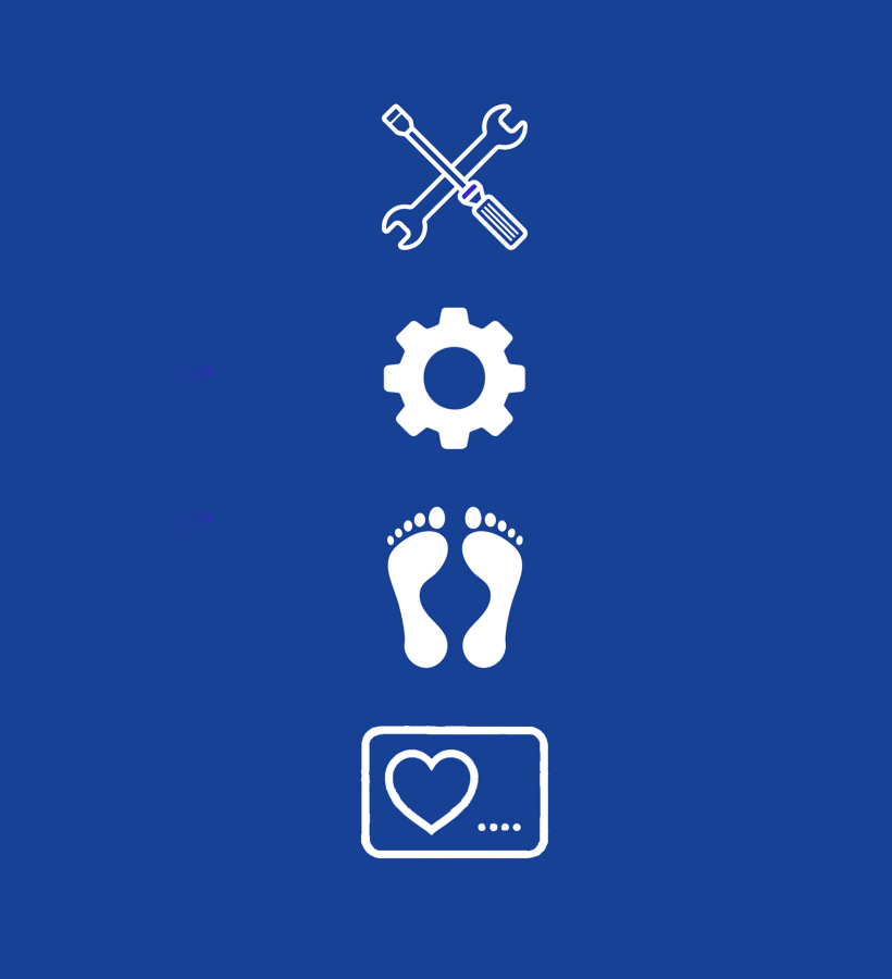 Weiße Icons auf blauem Grund: Werkzeuge, Zahnrad, Fußabdrücke, Herzfrequenzmesser für Fitness- oder Gesundheits-Tracking.