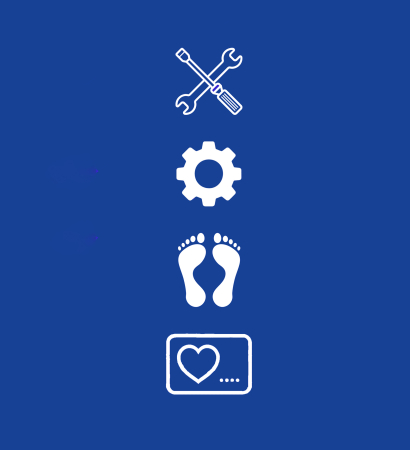 Weiße Icons auf blauem Grund: Werkzeuge, Zahnrad, Fußabdrücke, Herzfrequenzmesser für Fitness- oder Gesundheits-Tracking.