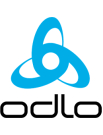 Odlo Logo: Hellblaues, abstraktes Kleeblatt-Symbol über dem Markennamen "odlo" in umrissenen Buchstaben.