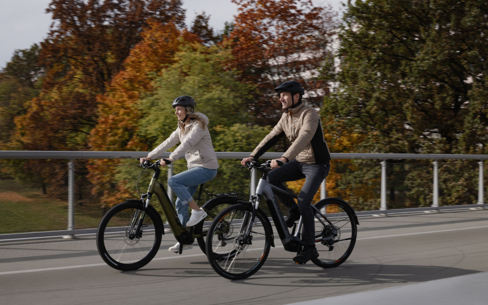 Paar fährt mit Elektrofahrrädern auf einer Brücke mit Herbstlaub. E-Bike-Lifestyle und Freizeitaktivitäten im Freien.