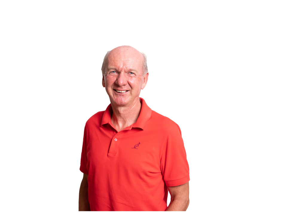 Lächelnder älterer Mann im roten Poloshirt. Porträt für Biografie oder Profil.